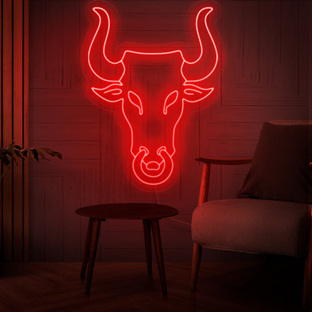 "Placa de neon com cabeça de touro" - Uma luz neon ousada com a imagem icônica de uma cabeça de touro, trazendo força, determinação e charme do sudoeste ao seu espaço de vida.