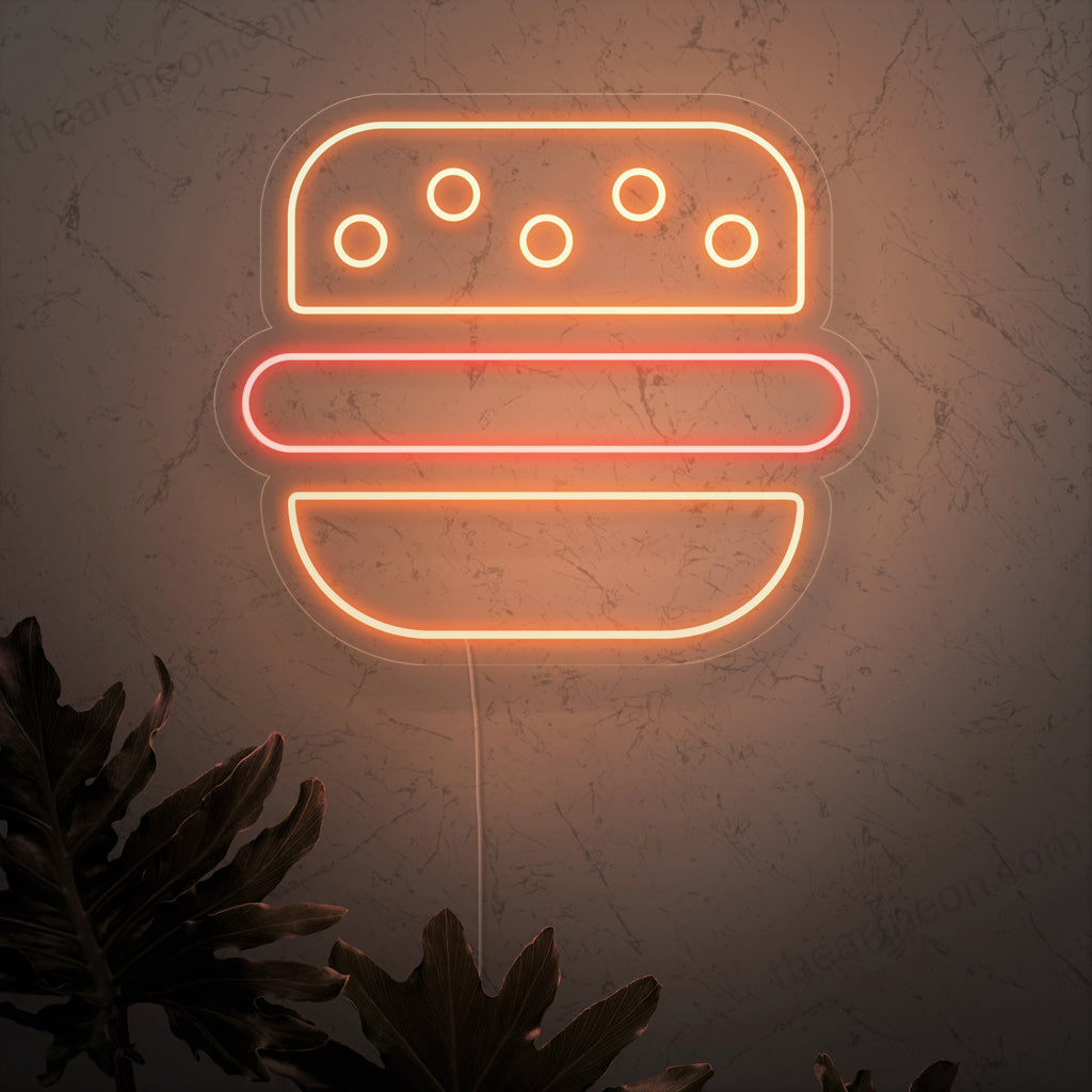 "Burger Neon Sign" é uma adição clássica e apetitosa ao interior do seu restaurante. Uma luz neon que destaca o símbolo icônico de um hambúrguer delicioso.