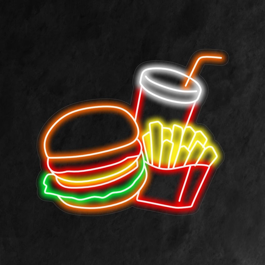 "Placa de neon com hambúrguer, batata frita e Coca-Cola" é uma adição de dar água na boca para o interior do seu restaurante. Uma luz neon que destaca a combinação clássica de hambúrguer, batata frita e Coca-Cola.