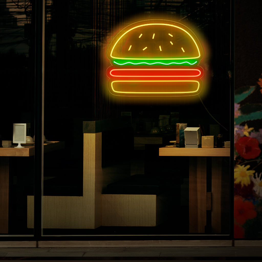 "Placa de néon de hambúrguer" - Uma luz de néon de dar água na boca com o símbolo icônico de um hambúrguer, trazendo uma atmosfera de delícias e amor pelos clássicos favoritos de fast-food para sua hamburgueria ou restaurante.