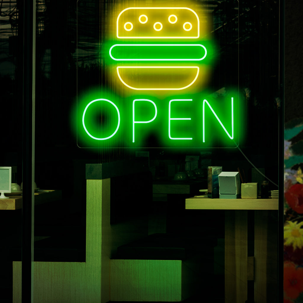 "Placa de neon de hambúrguer aberto" - Uma convidativa luz de neon com as palavras "Burger Open", infundindo energia e sinalizando que seu estabelecimento está pronto para servir hambúrgueres deliciosos.