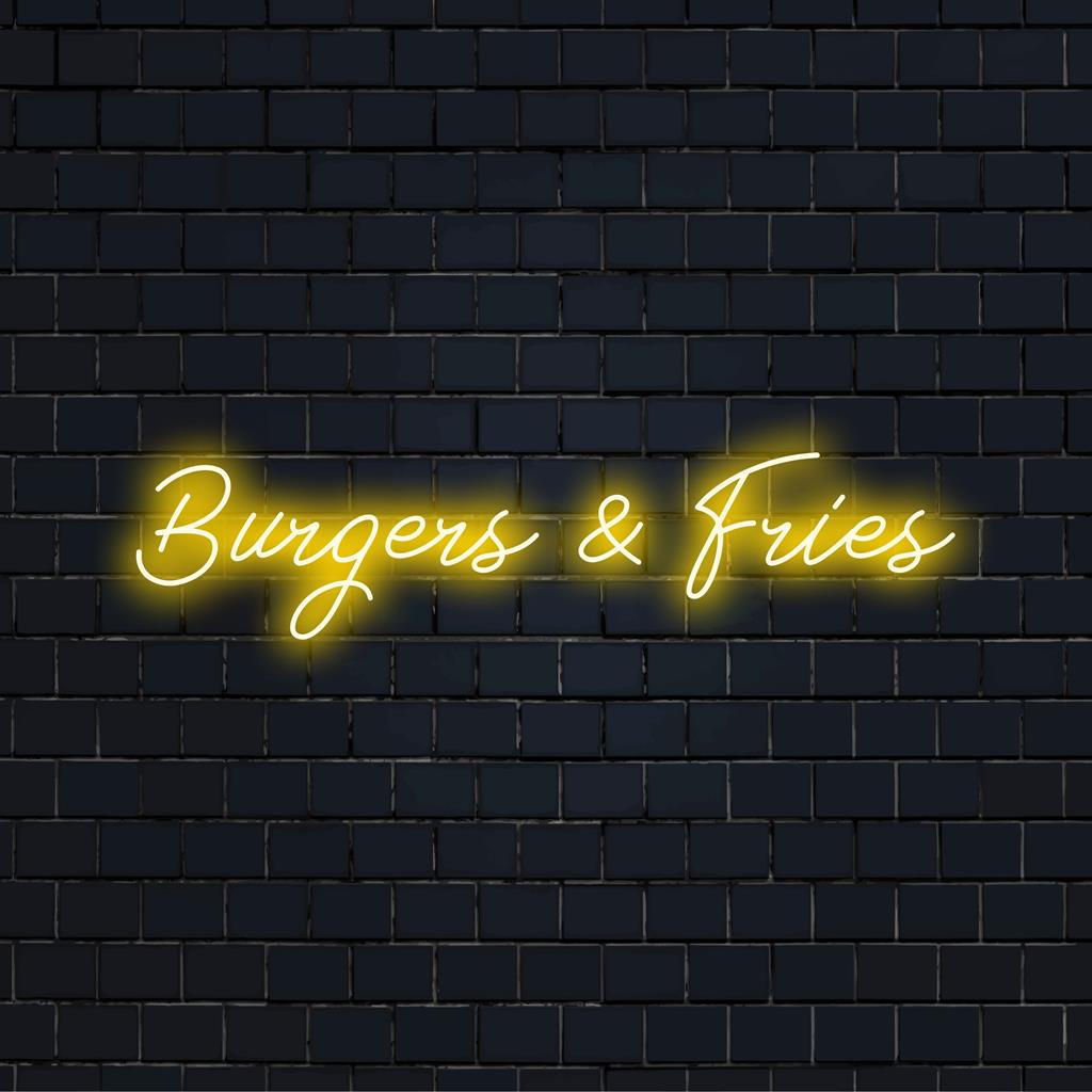 Placa de neon LED personalizada com texto "Hambúrgueres e Batatas Fritas" em fonte divertida, ideal para decoração de restaurantes ou iluminação de salas de jogos.