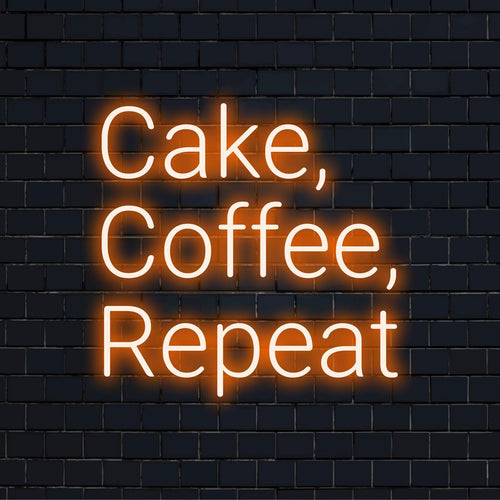 Placa de neon LED personalizada com a frase Bolo, Café, Repita em cores vibrantes; perfeita para decoração de parede moderna.