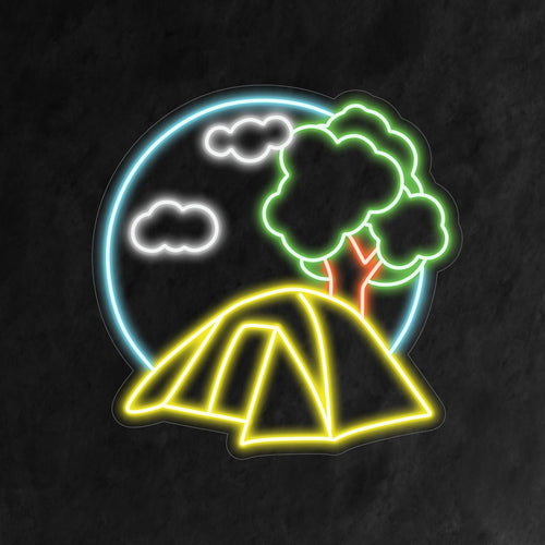 "Placa de Neon para Acampamento" ilumina seu espaço com um ícone aconchegante de fogueira e barraca, capturando o espírito aventureiro do acampamento. Perfeito para criar um ambiente aconchegante e ao ar livre em qualquer ambiente.
