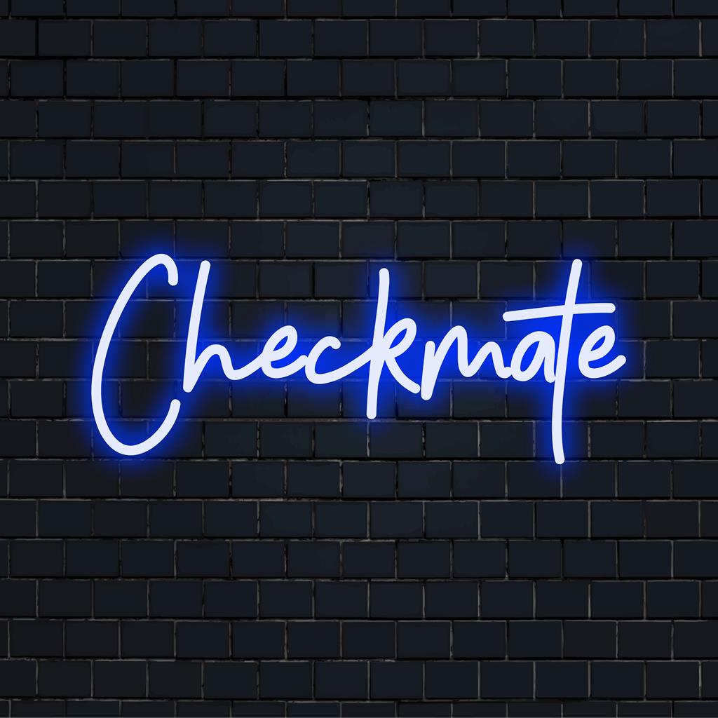 Placa de neon LED personalizada com as palavras Checkmate em uma escrita elegante, adicionando charme ao seu espaço; decoração de luz neon perfeita.