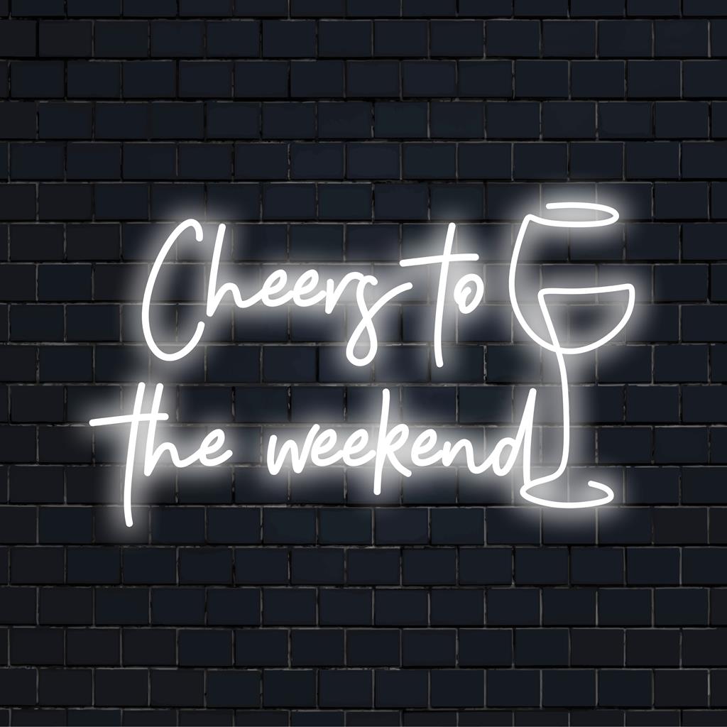 Letreiro de neon "Cheers to the Weekend" para uma decoração vibrante, com iluminação LED personalizada. Perfeito para decorar um bar ou sala de estar.