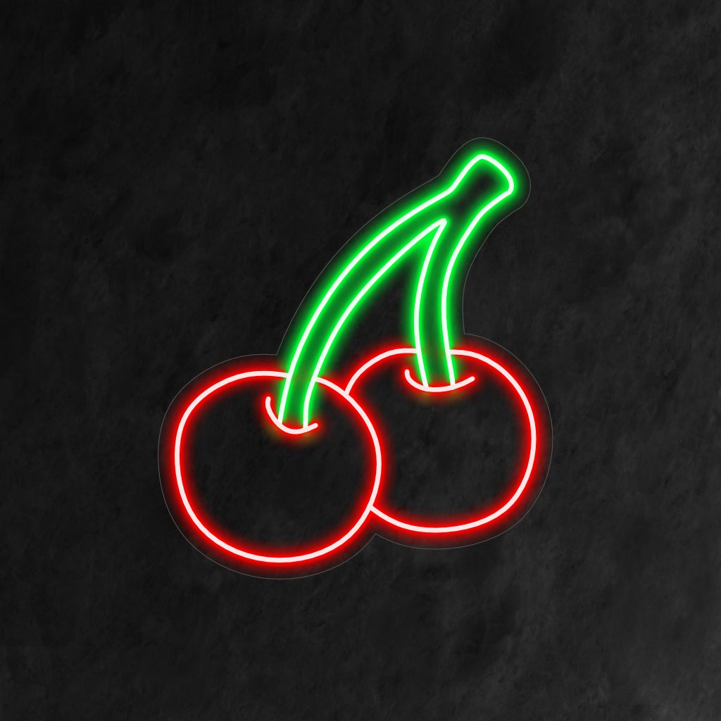 "Letreiro de neon de cereja" ��� Uma luz neon encantadora e vibrante exibindo cerejas icônicas, infundindo seu espaço com doçura e charme lúdico.