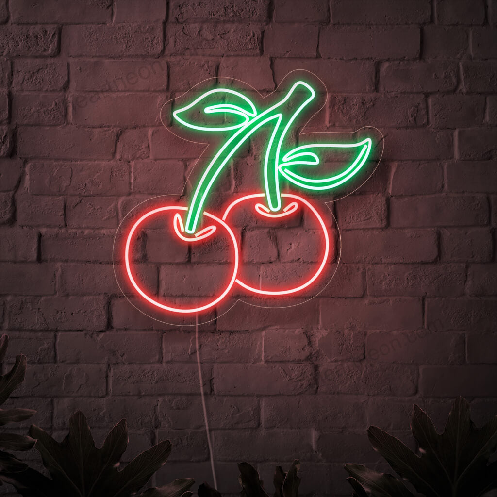 "Letreiro de neon de cereja" ��� Uma luz neon doce e vibrante que exibe cerejas deliciosas, trazendo charme frutado e aconchego ao seu espaço.