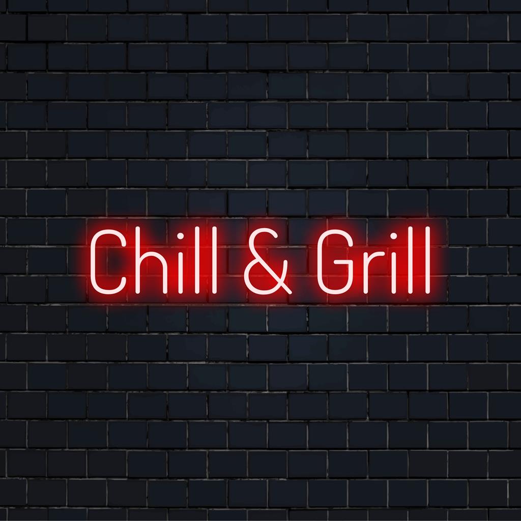 Placa de LED neon vibrante Chill And Grill, perfeita para adicionar decoração de luz neon personalizada a qualquer espaço.