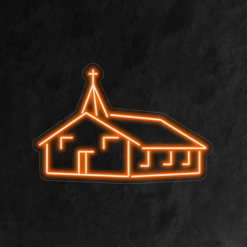 "Placa de neon para igreja" ��� Uma luz de neon espiritual e serena que exibe a silhueta de uma igreja clássica, infundindo tranquilidade e uma atmosfera contemplativa ao seu espaço.