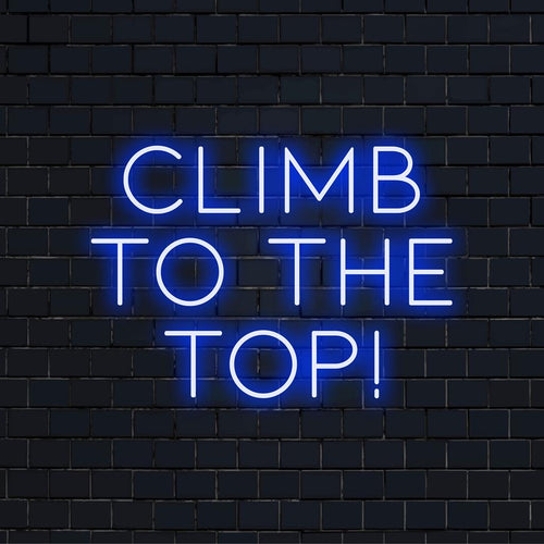 Letreiro de neon personalizado com o texto "Suba ao Topo!". Perfeito para decoração moderna, ambientes inspiradores e toques personalizados para a casa.