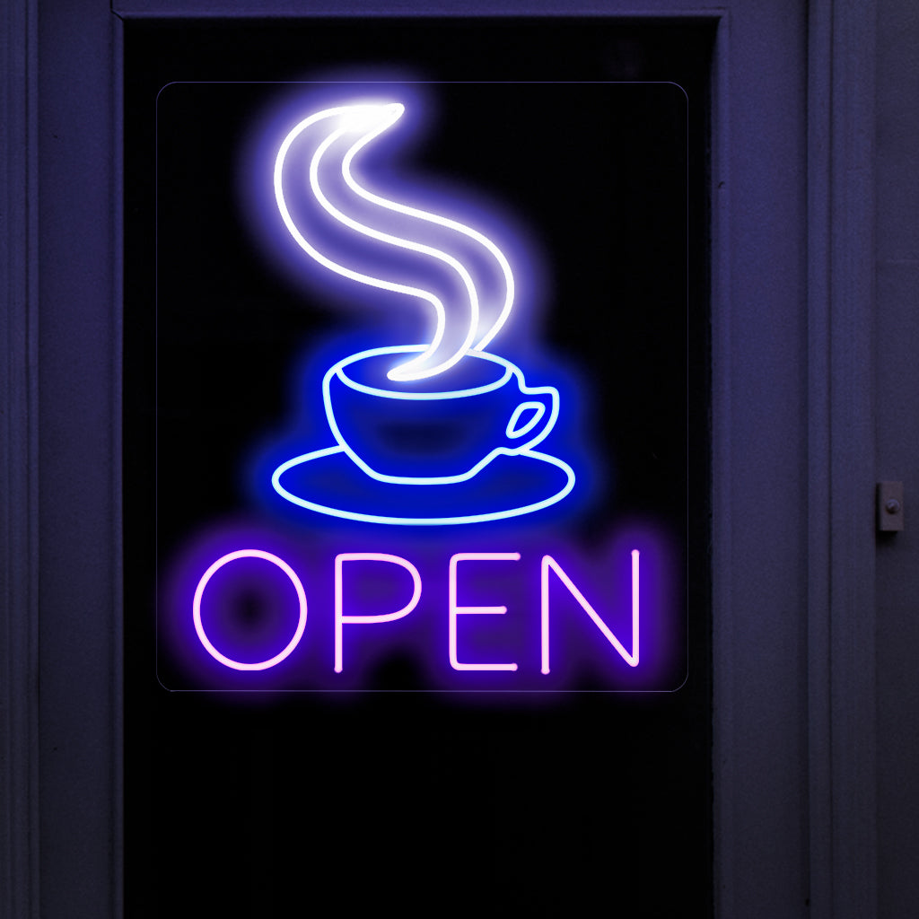 "Placa de néon de xícara de café aberta" ��� Uma luz de néon acolhedora e com cafeína que exibe um design de xícara de café aberta, dando à sua cafeteria ou cantinho aconchegante um ambiente acolhedor e convidativo.