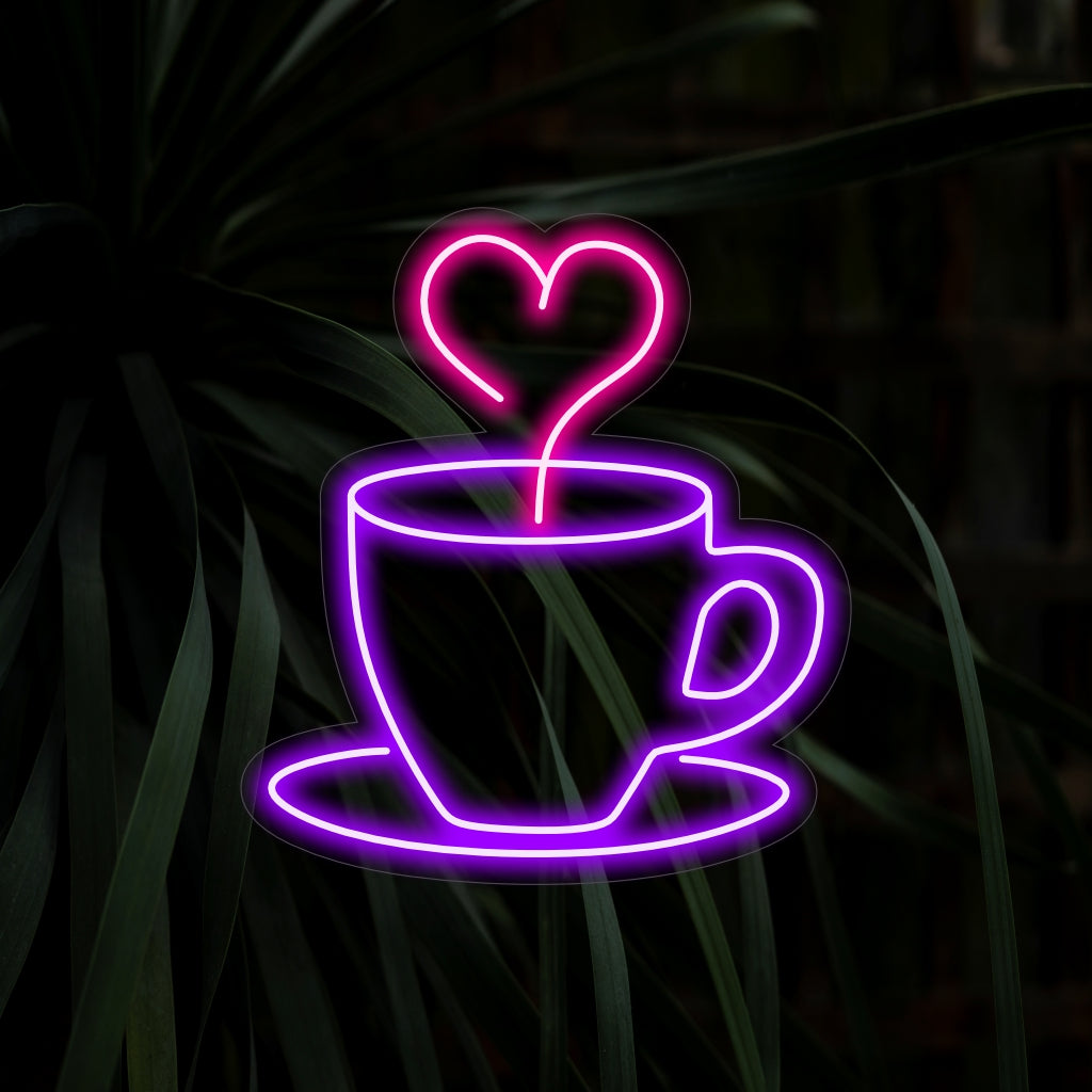 "Placa de néon com xícara de café e fumaça em formato de coração" ��� Uma luz de néon romântica e aromática exibindo uma xícara de café com fumaça em formato de coração, dando à sua cafeteria ou cantinho aconchegante um ambiente charmoso e convidativo.