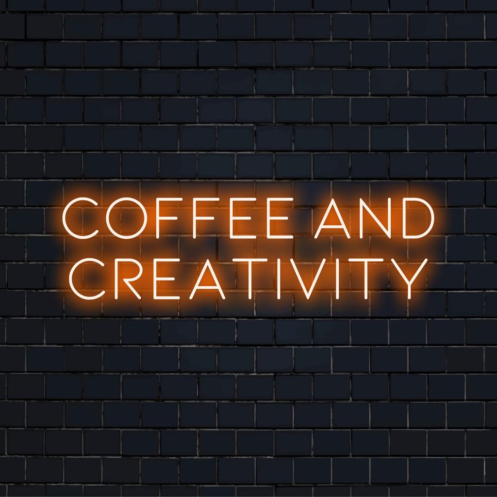 Placa de neon personalizada com a palavra "Café e Criatividade" em luzes LED brilhantes, ideal para decoração moderna ou para personalizar seu espaço.