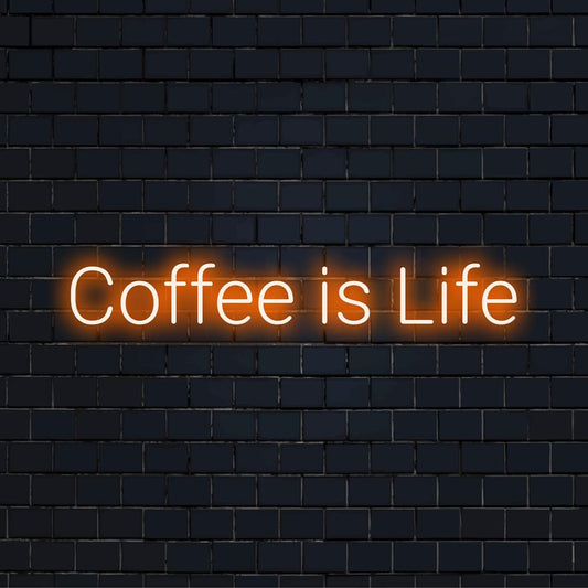 Placa de LED neon personalizada com a frase Coffee Is Life; uma mistura de palavras e luz que destaca seu amor pelo café.