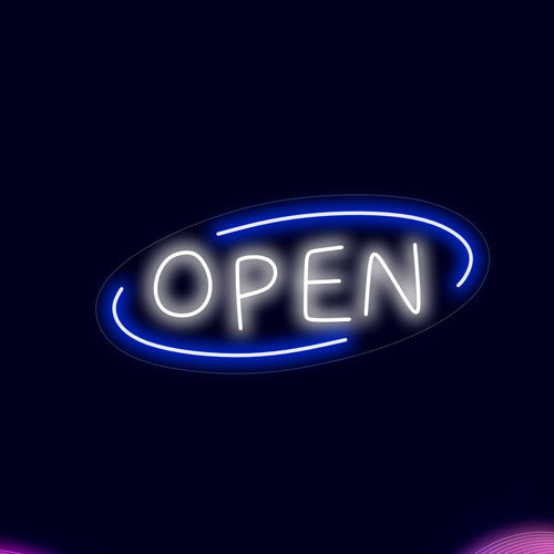 "Placa de neon colorida de aberto" ��� Uma luz de neon vibrante exibindo "Aberto", dando à sua vitrine uma atmosfera animada e convidativa.