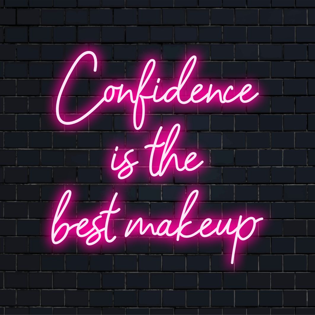 Placa de neon LED personalizada com a frase Confiança é a melhor maquiagem, perfeita para arte de parede neon e decoração exclusiva de ambientes.