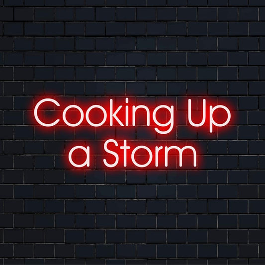 Neon sign featuring the phrase Cooking Up A Storm, crafted into vibrant LED letters. Perfect for kitchen decor.