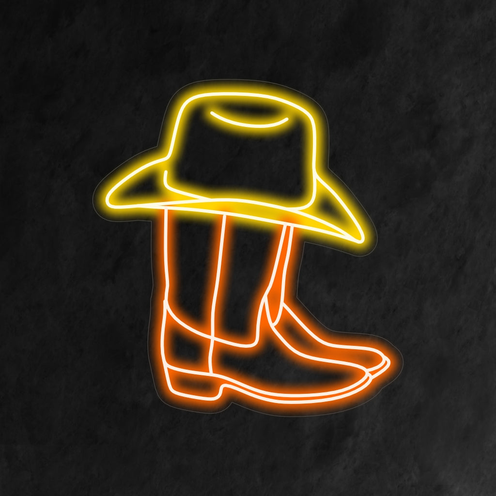 Placa de LED neon personalizada com botas de cowboy e chapéu de cowboy em neon, ideal para decoração de parede exclusiva.