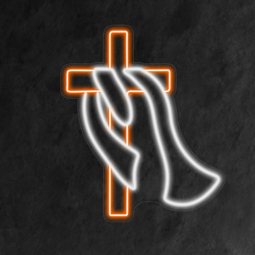 "Placa de neon com cruz e lenço" ��� Uma luz de neon exclusiva e elegante que exibe uma cruz adornada com um lenço, infundindo seu espaço com vibração e charme contemporâneo.