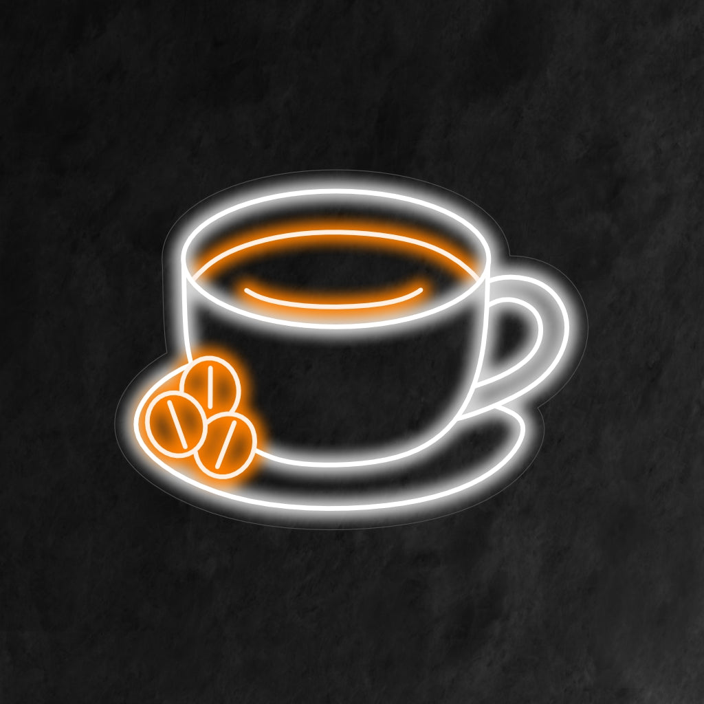"Xícara em um prato com letreiro de néon de café" ��� Uma luz de néon aconchegante e convidativa exibindo uma xícara em um prato com café, dando ao seu cantinho de café ou cafeteria um ambiente acolhedor e aromático.