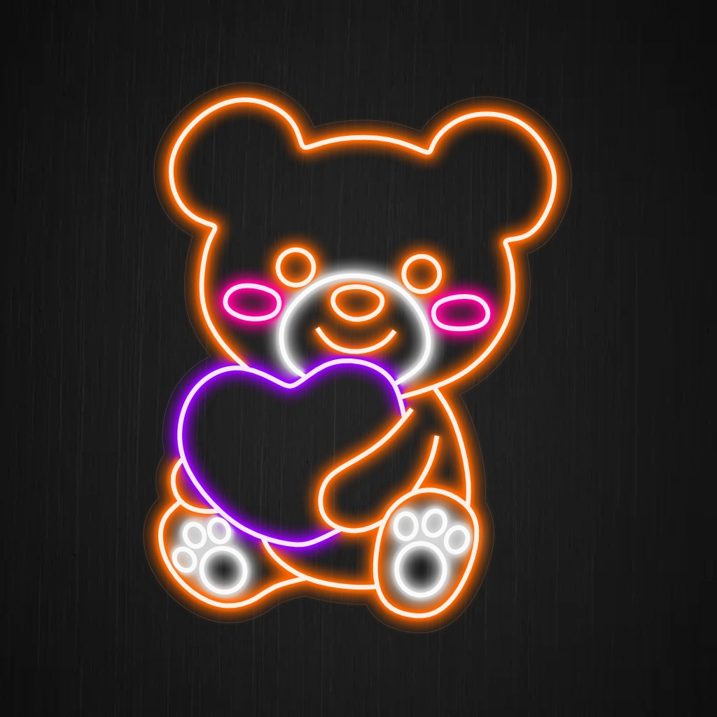"Placa de neon com ursinho de pelúcia fofo segurando um coração" ��� Uma luz neon adorável e reconfortante que vai encher seu espaço de carinho e charme encantador.