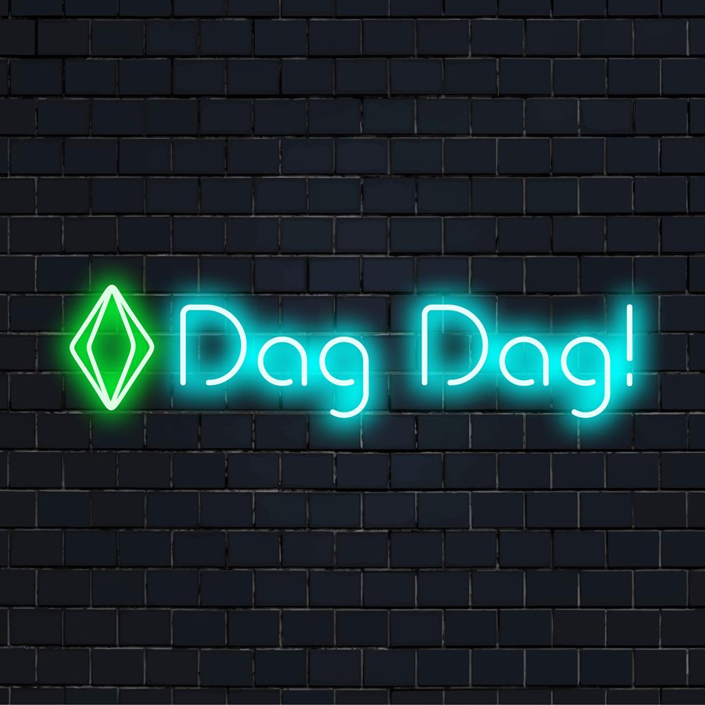 Letreiro de neon LED multicolorido vibrante exibindo Dag Dag! com um toque exclamativo; perfeito para arte com citações neon personalizadas.