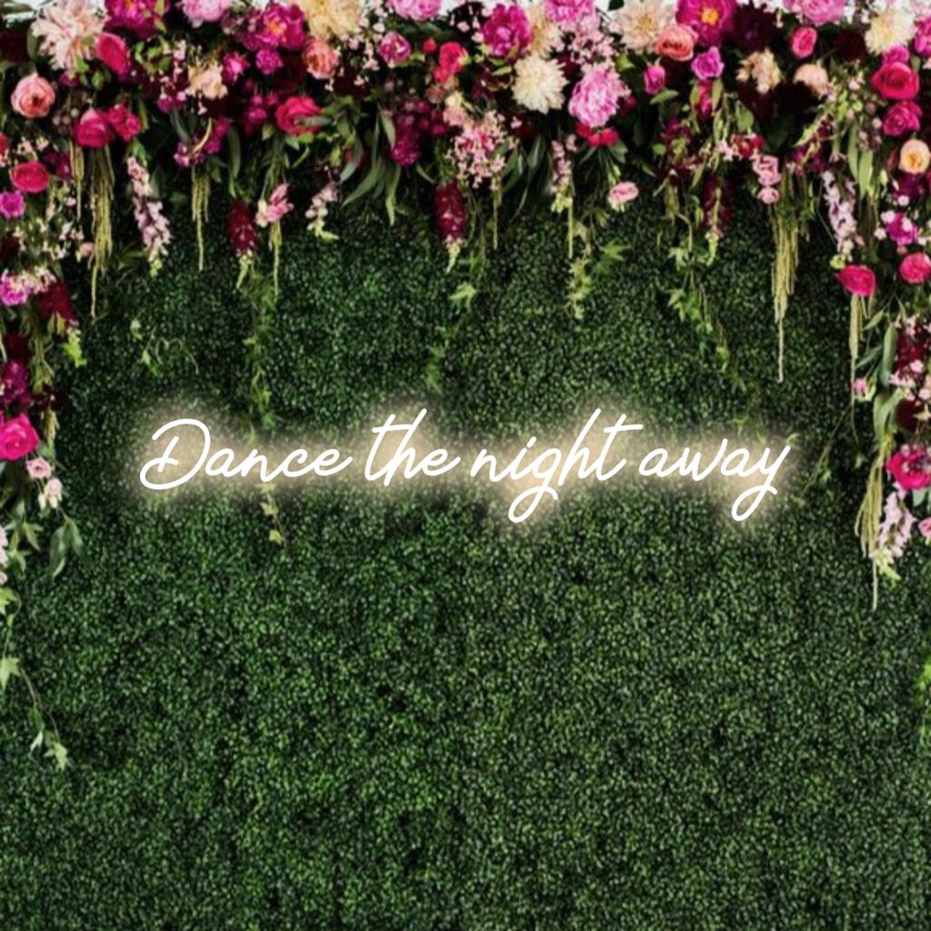 Placa de neon LED personalizável com texto Dance The Night Away para uma decoração vibrante, ideal para casas noturnas e entusiastas da dança.