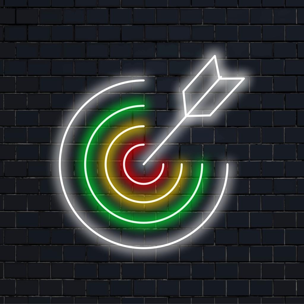Placa de neon LED personalizada com texto vibrante de dardos, perfeita para decoração de bar esportivo ou ambiente neon personalizado.