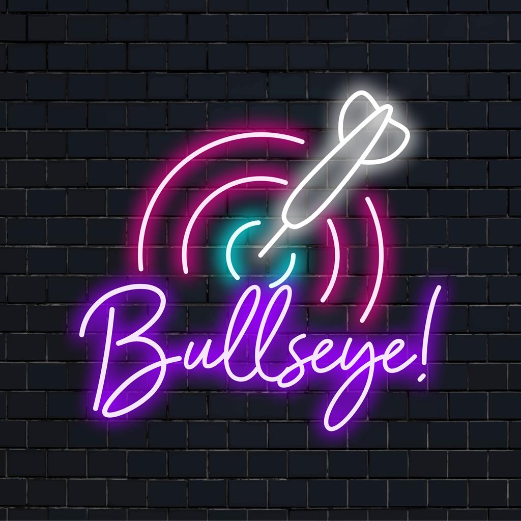 Letreiro de LED neon colorido com dardos e alvo como decoração de luz neon vibrante para salas de jogos e entusiastas de esportes.