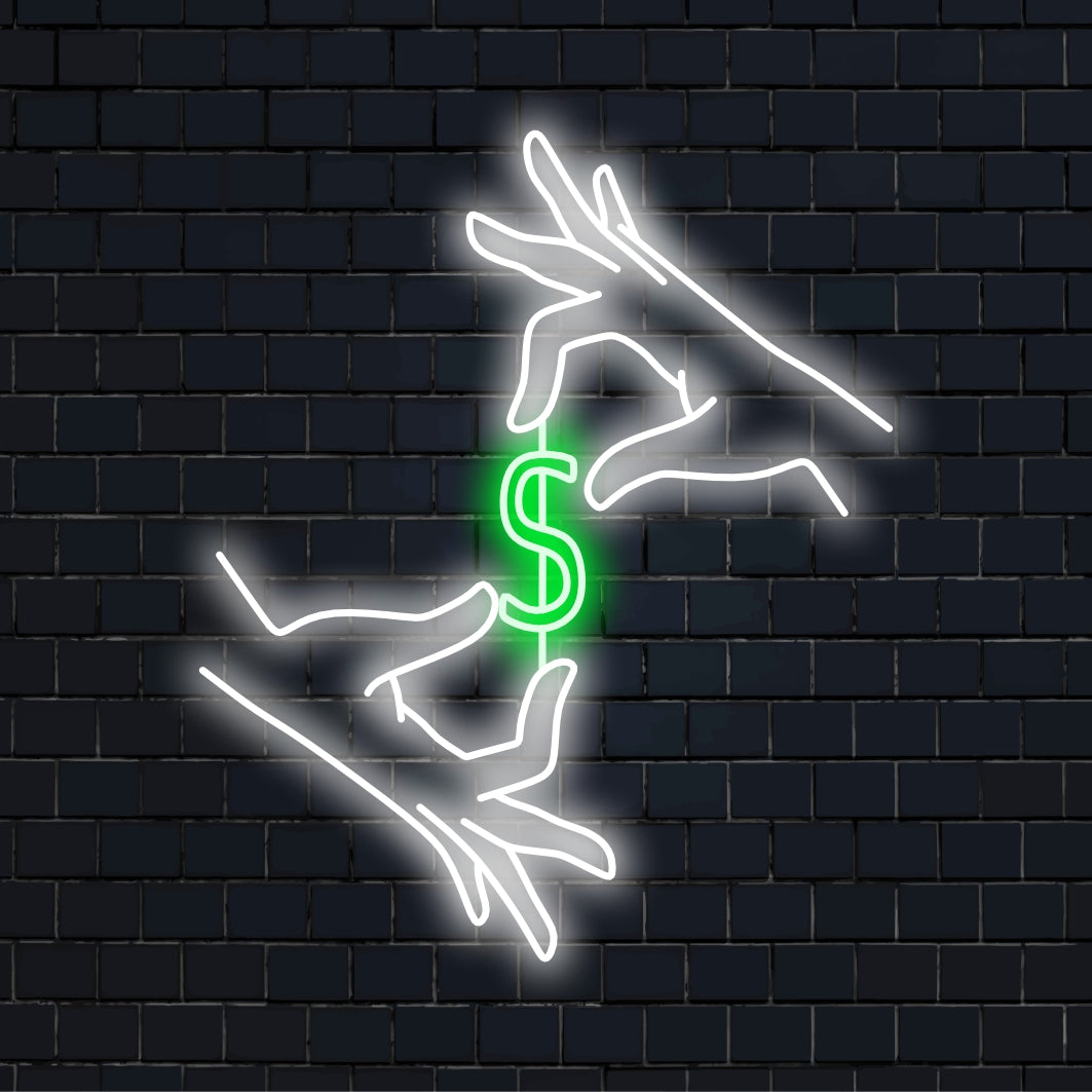 "Placa de néon com um dólar entre as mãos" acende com um brilho intenso, simbolizando sucesso financeiro e prosperidade, o que a torna perfeita para empresas e espaços que celebram conquistas financeiras.