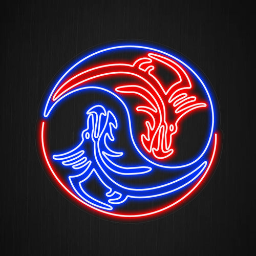 "Placa de néon Dragão Yin Yang" acende com um brilho cativante, harmonizando o poder mítico dos dragões com o simbolismo espiritual do yin e yang, tornando-a perfeita para espaços que buscam equilíbrio e misticismo.