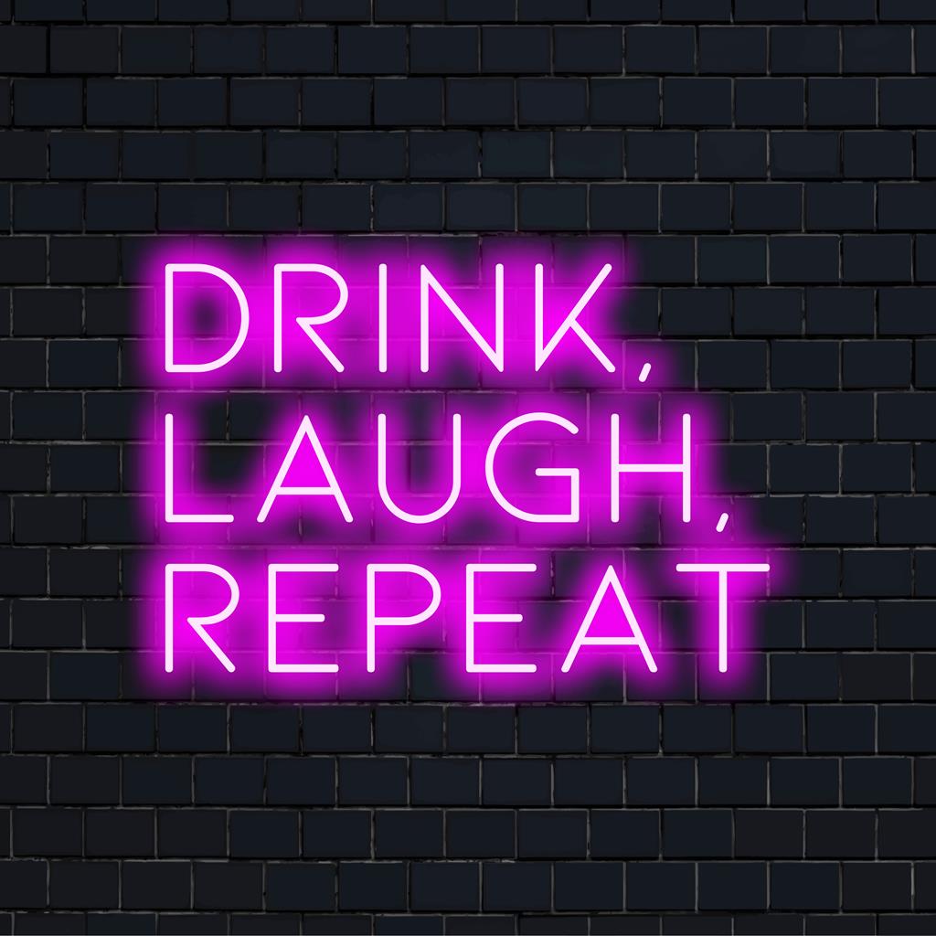 Letreiro de neon LED vibrante com os dizeres "Beba, Ria, Repita" — arte com citação neon personalizada perfeita para um ambiente animado.