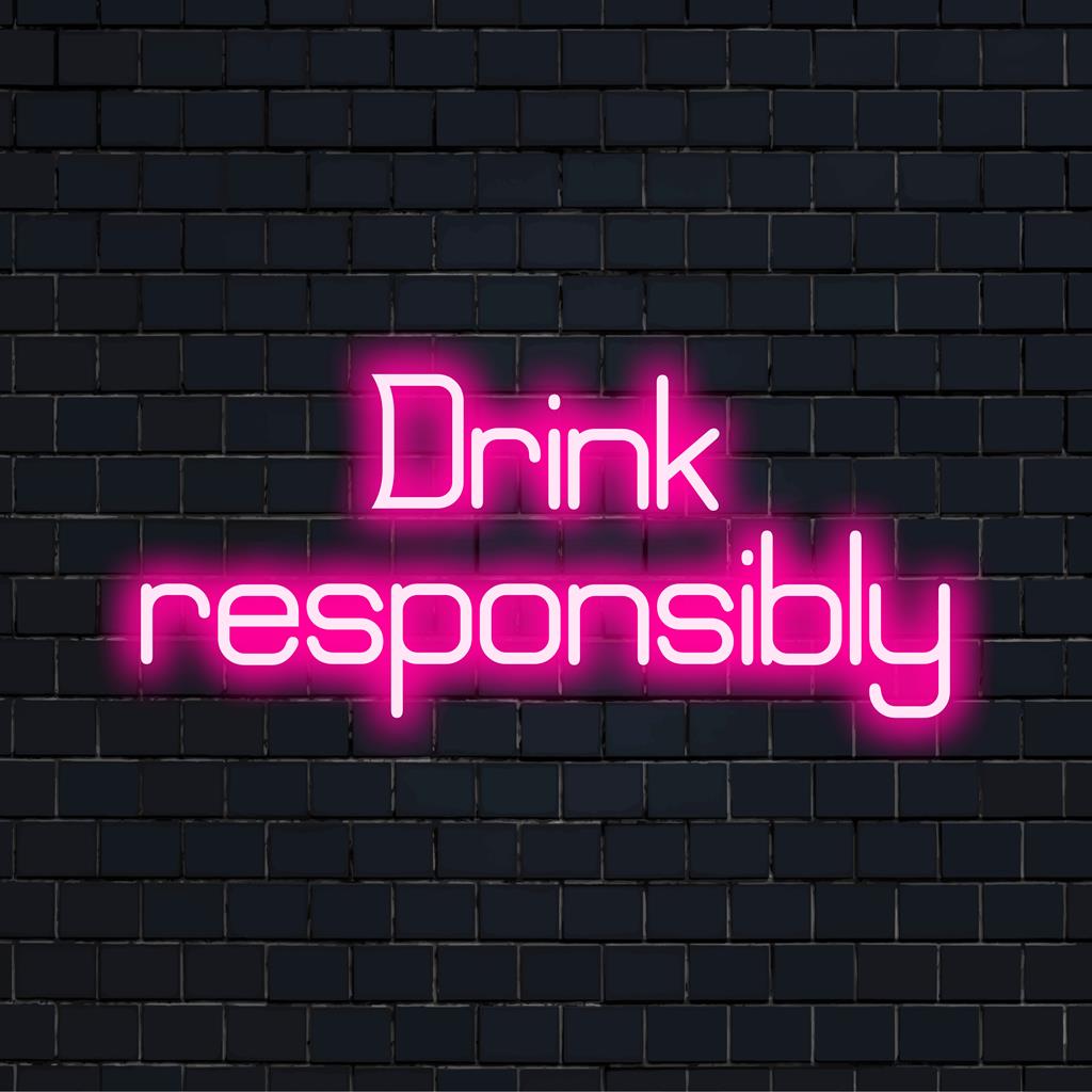 Placa de LED neon personalizada com os dizeres "Beba com responsabilidade" em cores brilhantes e vibrantes para criar uma decoração de parede e um ambiente vibrantes.