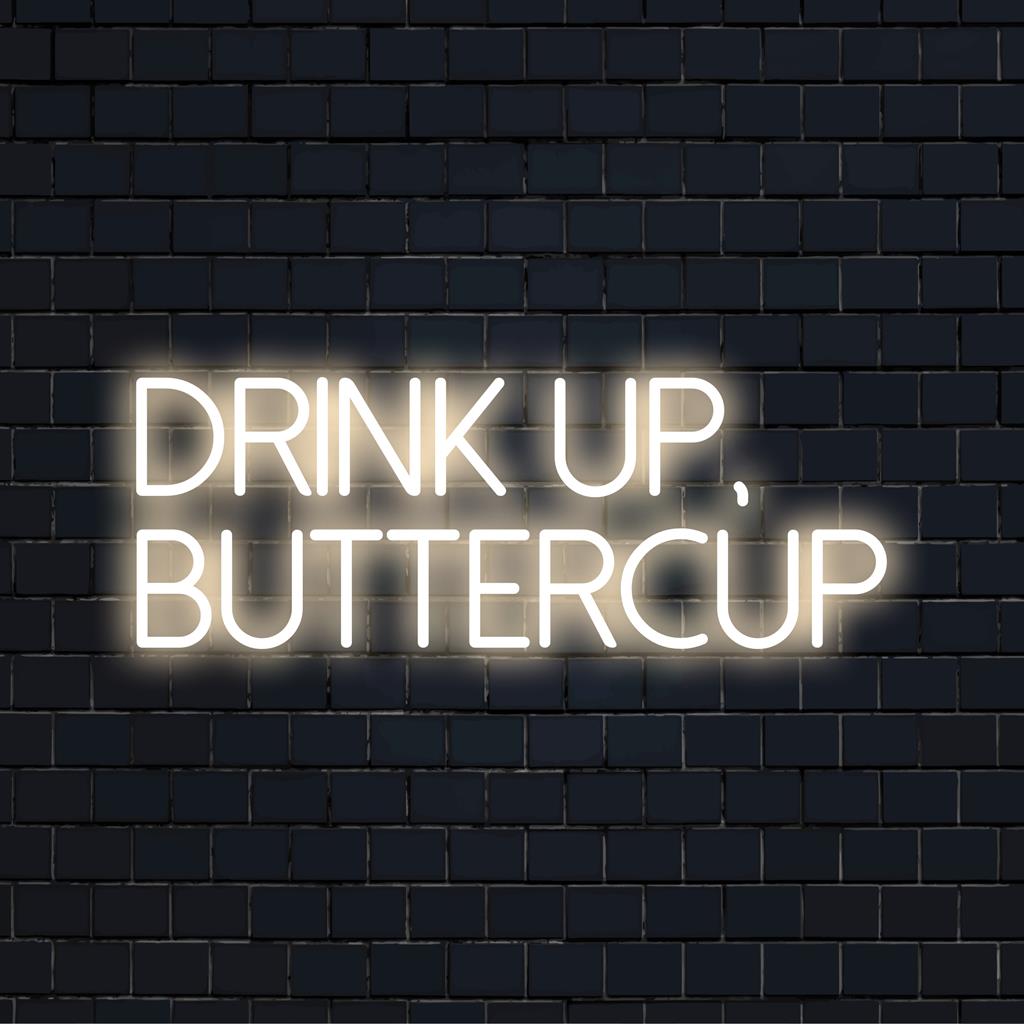 Placa de neon LED personalizada com os dizeres Drink Up e Buttercup em neon brilhante, ideal para decoração e arte de parede em neon personalizada.