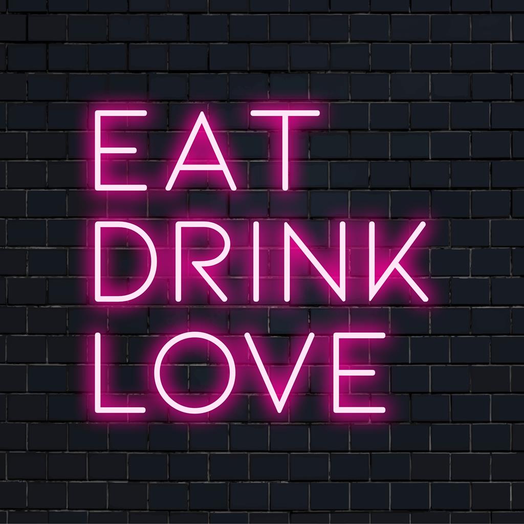 Placa de neon LED personalizada com os dizeres "Coma, Beba, Ame", perfeita para decoração de parede vibrante, valorizando qualquer espaço personalizado.