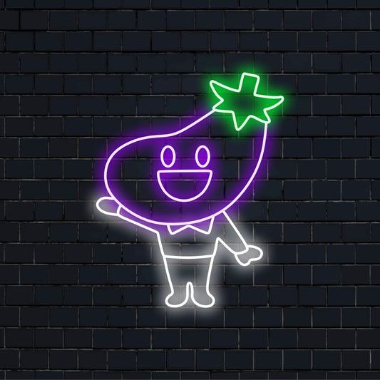 O letreiro de néon "Eggplant Head" acende com fantasia, perfeito para espaços excêntricos e restaurantes veganos, adicionando um toque lúdico com seu design criativo de cabeça de berinjela.