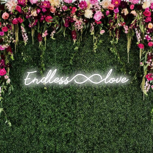 Placa de neon LED com símbolo do infinito e texto Endless Love, perfeita para decoração e arte de parede neon personalizada.