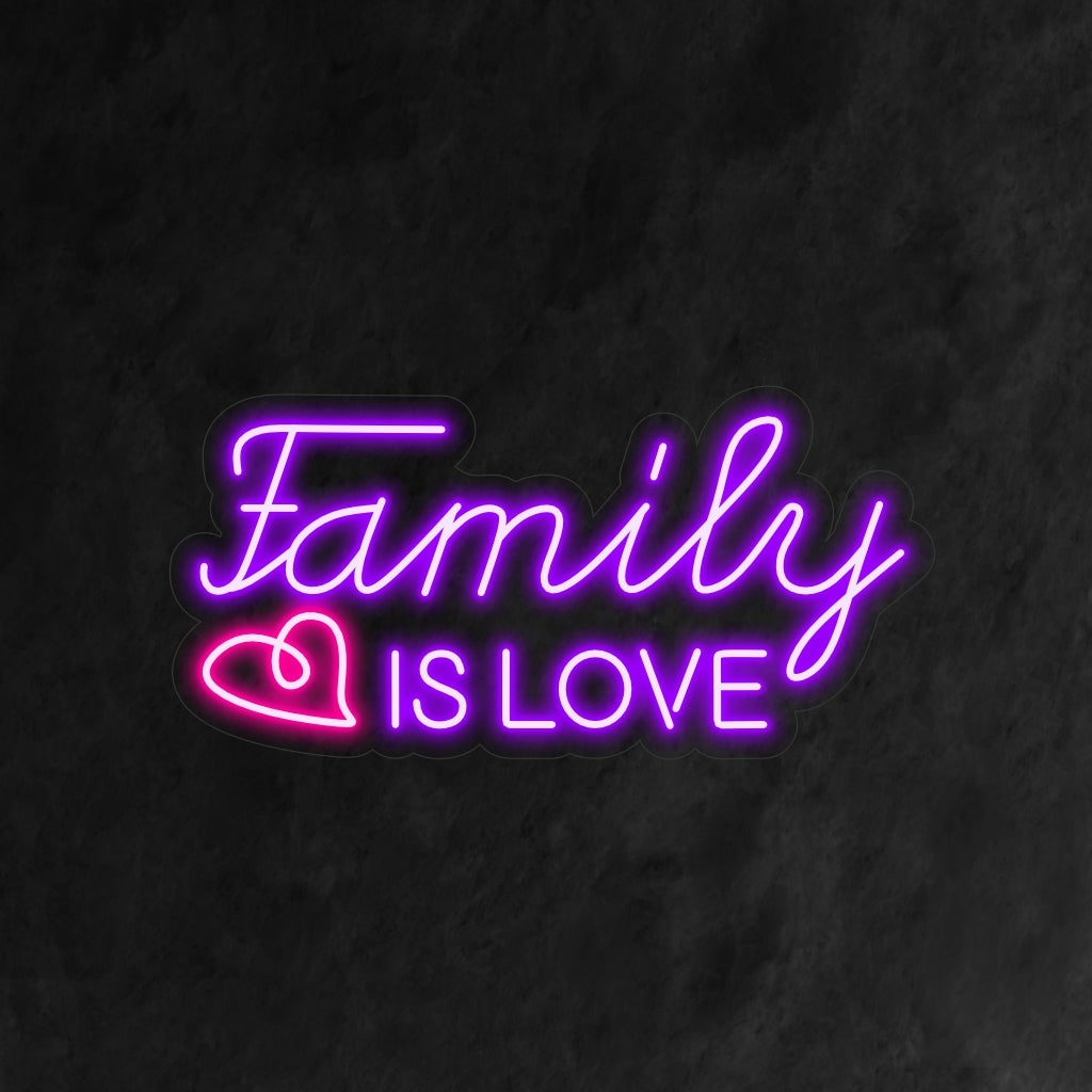 O letreiro de néon "Family Is Love" acende com um brilho reconfortante, perfeito para casas e espaços que celebram o precioso vínculo familiar, adicionando um toque de aconchego e amor ao ambiente.