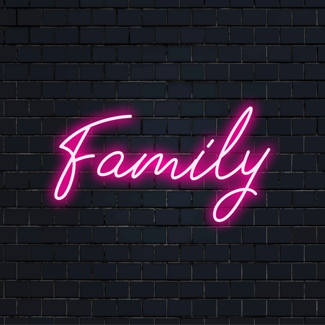 Custom LED neon sign featuring the word Family in elegant lettering; perfect for adding warm, personalized neon light decor.