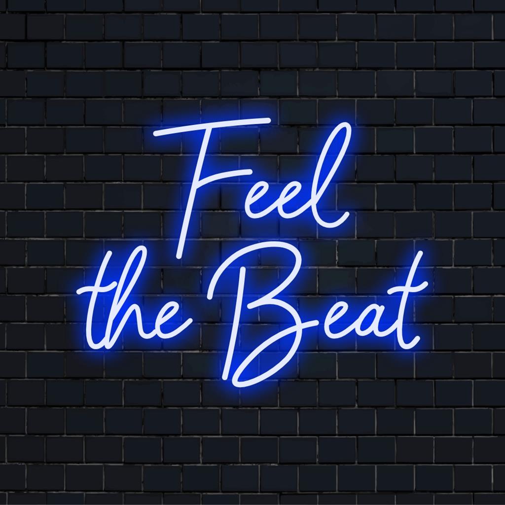 Placa de LED neon vibrante Feel The Beat, perfeita para energizar qualquer espaço com seu brilho cativante e decoração neon personalizada.