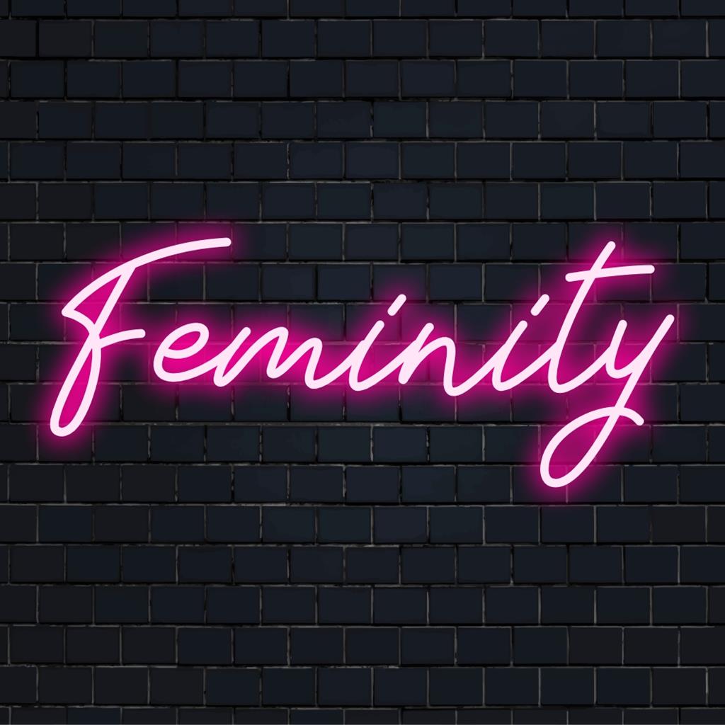 Placa de LED neon personalizada intitulada Feminity, com curvas elegantes e tons vibrantes de rosa, ideal para ambientes de decoração chiques.