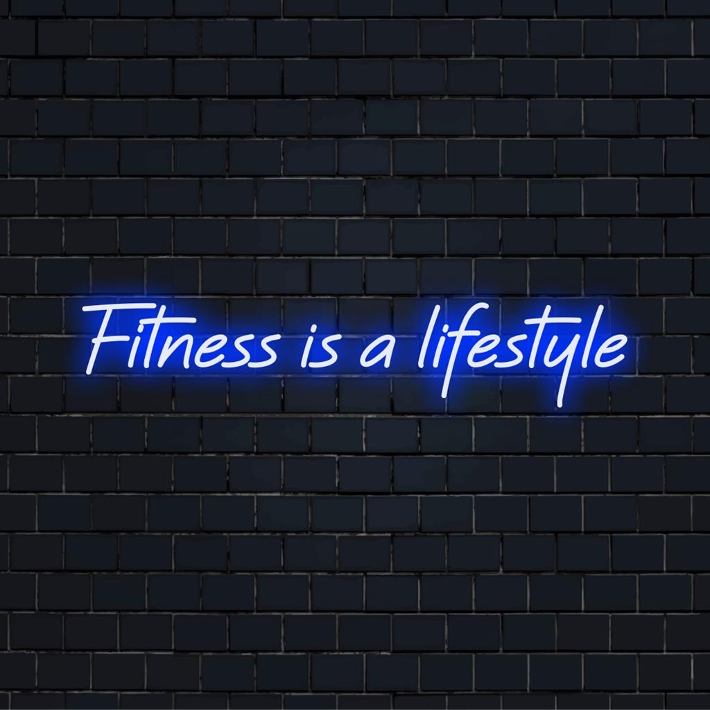 Placa de neon LED personalizada exibindo Fitness Is A Lifestyle; arte de neon vibrante para decoração de paredes em academias ou espaços residenciais.