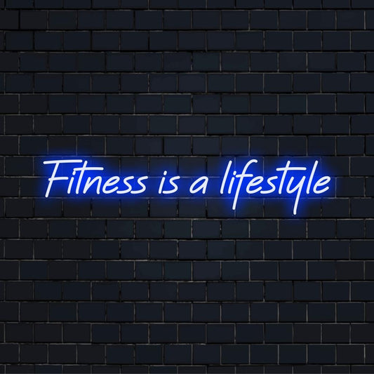 Placa de neon LED personalizada exibindo Fitness Is A Lifestyle; arte de neon vibrante para decoração de paredes em academias ou espaços residenciais.