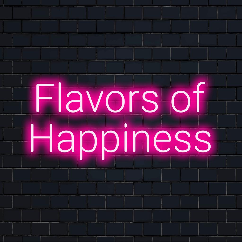 Letreiro de LED neon vibrante, personalizado e com o nome Flavors Of Happiness, que incorpora um design artístico neon exclusivo. Perfeito para decoração pessoal.