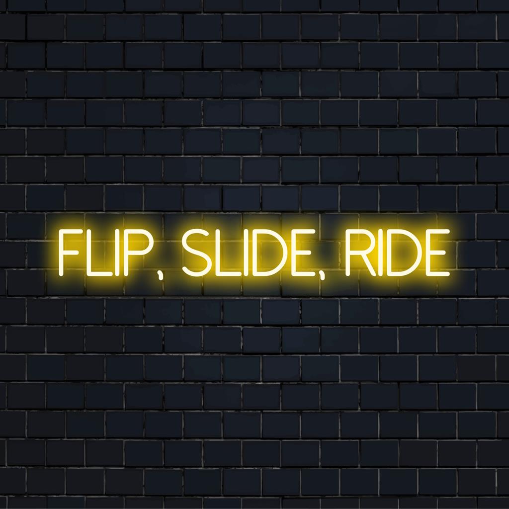 Placa de LED neon vibrante e personalizada que diz "Vire, Deslize, Ande", encapsulando aventura e energia dinâmica.