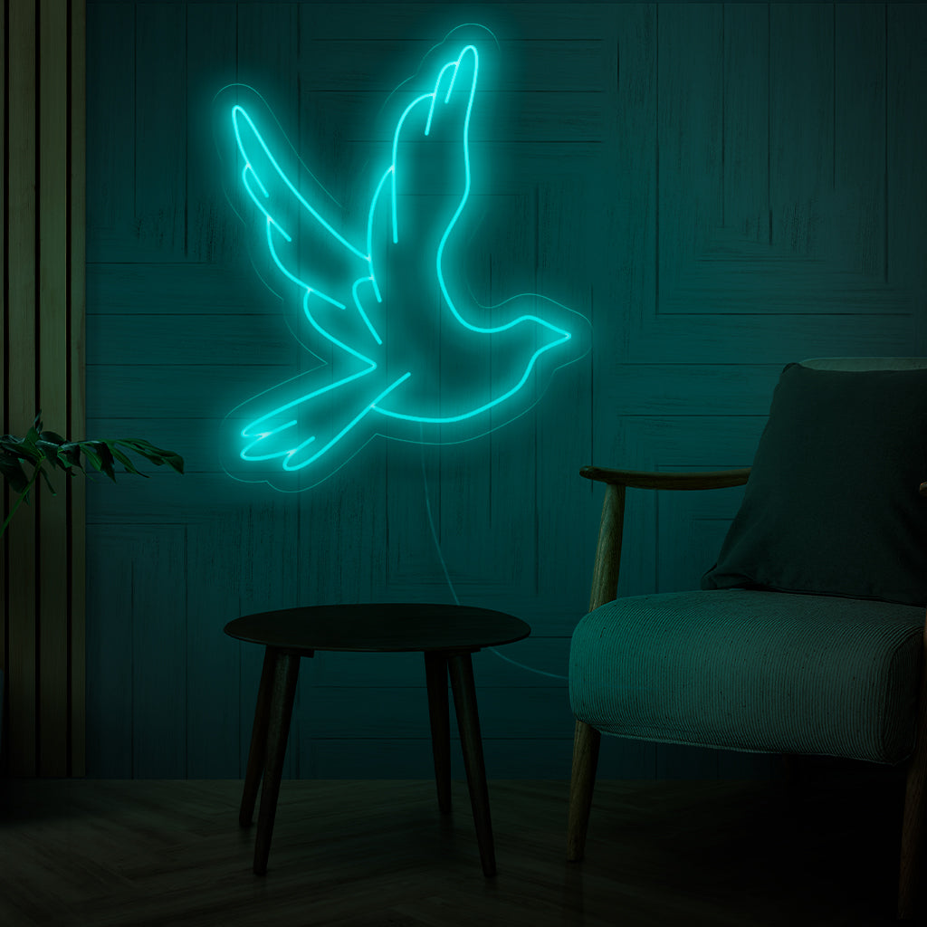 "Placa de neon de pomba voando" - Irradiando tranquilidade, perfeita para espaços e eventos espirituais, abraçando o símbolo de uma pomba voando.