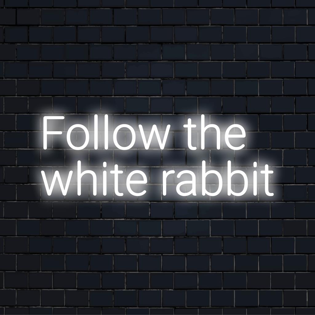 Letreiro de neon LED personalizado com os dizeres "Siga o Coelho Branco", com letras brancas brilhantes. Ideal para uma arte de parede neon exclusiva.