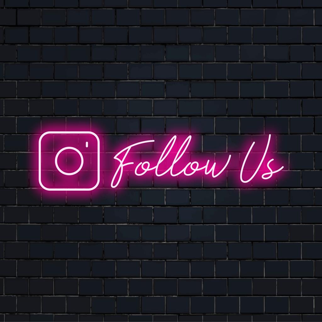 Letreiro de neon personalizado com o texto "Siga-nos", decoração LED ideal para engajamento e divulgação de marca em empresas ou redes sociais. Arte de parede em neon.