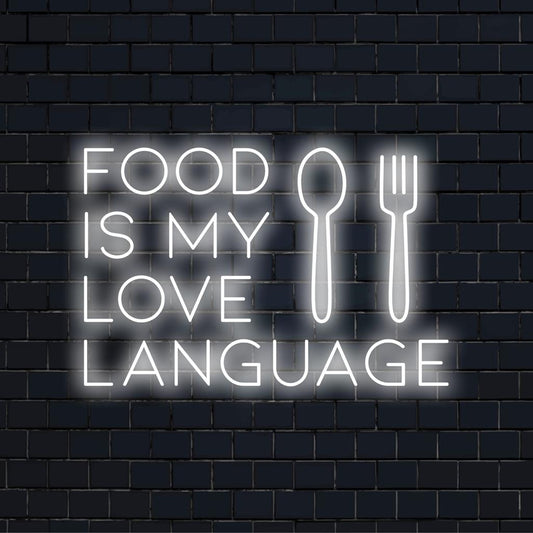 LED neon sign with the quote Food Is My Love Language; perfect for kitchens or dining areas; neon light art decor.